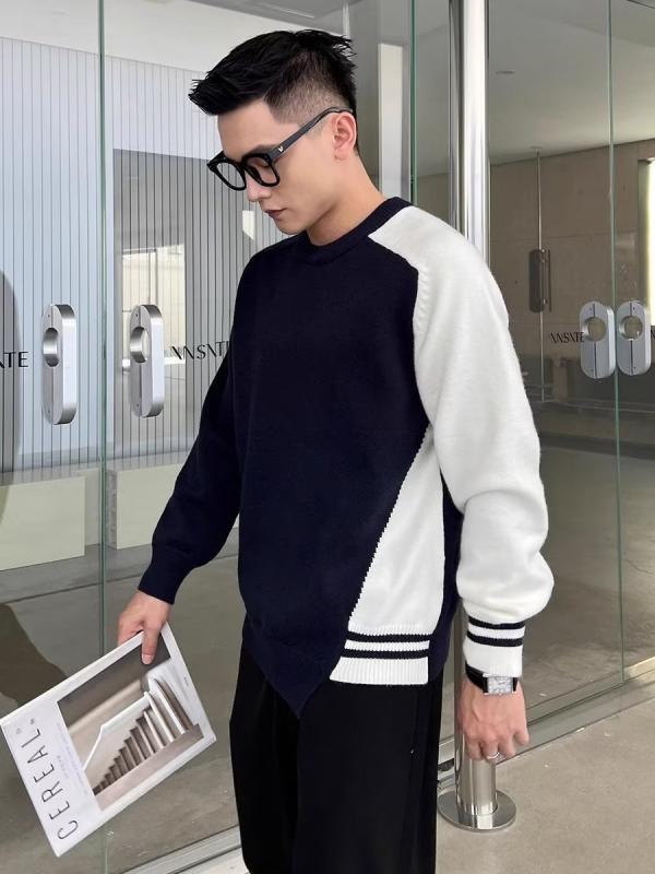 ニット メンズ プルオーバー 配色 クルーネック 裾アシンメトリーデザイン 和風 レトロ 秋冬 ポリエステル 混紡 ゆったり ストリート カジュアル トップス(4)