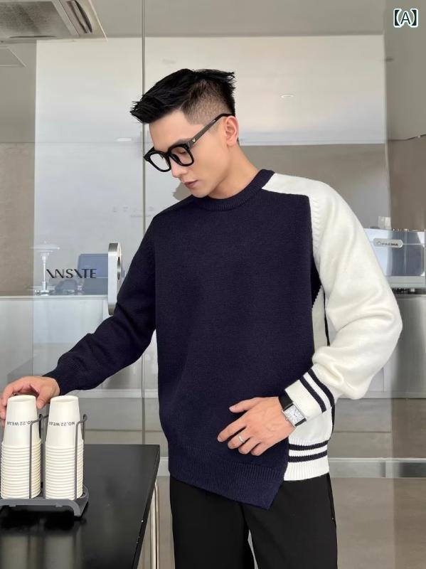 ニット メンズ プルオーバー 配色 クルーネック 裾アシンメトリーデザイン 和風 レトロ 秋冬 ポリエステル 混紡 ゆったり ストリート カジュアル トップス