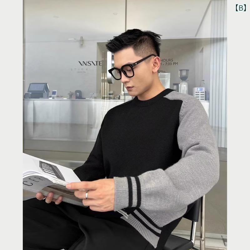 ニット メンズ プルオーバー 配色 クルーネック 裾アシンメトリーデザイン 和風 レトロ 秋冬 ポリエステル 混紡 ゆったり ストリート カジュアル トップス