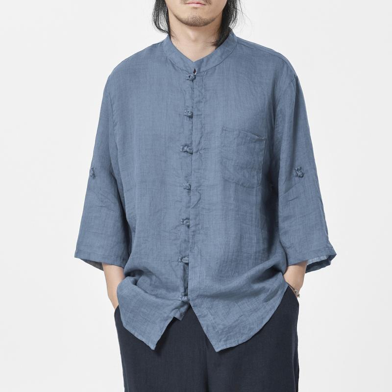Rakuten - シャツ メンズ 男性用 中国風 ラミー 麻混紡 ロールアップ 七分袖 スタンドカラー 盤ボタン 薄手 透け感 軽量 防虫 UVカット 日焼け対策 ルーズフィット 洗濯機可 春夏