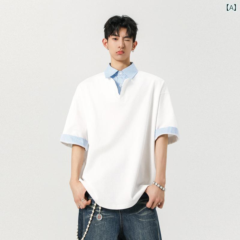 Tシャツ メンズ 男性用 綿 コットン 半袖 チェック柄 格子柄 切り替え フェイクレイヤード 重ね着風 襟付き ポロシャツ ゆったり オーバーサイズ ビッグシルエット 薄手 通気性 カジュアル 普段使い 春夏