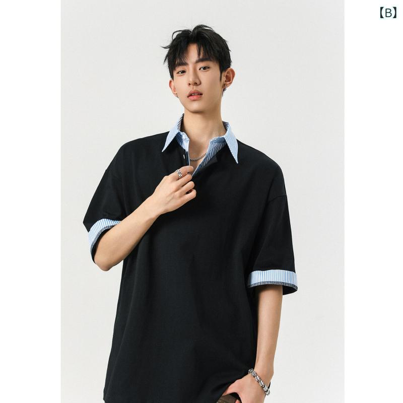 Tシャツ メンズ 男性用 綿 コットン 半袖 チェック柄 格子柄 切り替え フェイクレイヤード 重ね着風 襟付き ポロシャツ ゆったり オーバーサイズ ビッグシルエット 薄手 通気性 カジュアル 普段使い 春夏