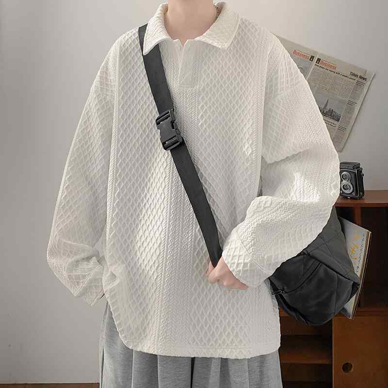 スウェットシャツ メンズ 襟付き 長袖 ゆったり オーバーサイズ ジャガード織り ポロ襟 テクスチャー感 ポリエステル カジュアル 普段使い 春秋