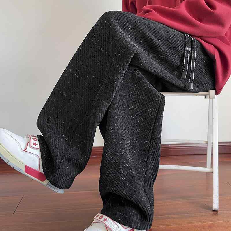パンツ メンズ ストライプ柄 ツイード調 ニットジャージ ワイドストレート ロング丈 ストレッチ カジュアル リラックス 形態安定 春秋