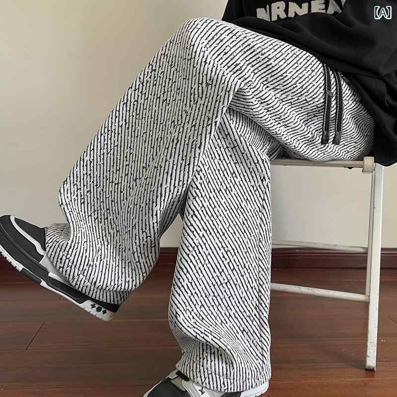 パンツ メンズ ストライプ柄 ツイード調 ニットジャージ ワイドストレート ロング丈 ストレッチ カジュアル リラックス 形態安定 春秋