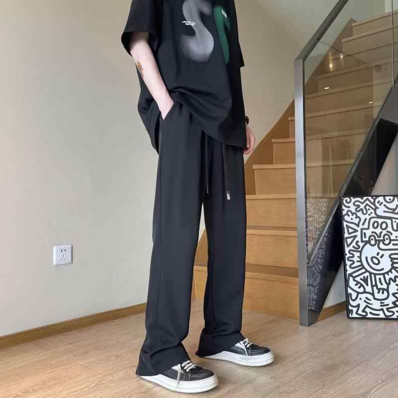 パンツ 男女兼用 春夏 接触冷感 韓国 旬 ゆったり 微フレア スラックス ワイド ロング丈 ドレープ感 ポリエステル カジュアル きれいめ 普段使い ブラック アイボリー(4)