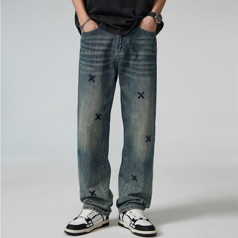 デニムパンツ メンズ 男性用 ストレート 刺繍 ゆったり ルーズフィット ミドルウエスト カジュアル レトロ ウォッシュ加工 綿 コットン ブルー 春秋 長ズボン 普段使い