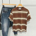 Tシャツ メンズ 半袖 配色 ストライプ ボーダー ゆったり オーバーサイズ ドロップショルダー クルーネック 綿 コットン 春夏 カジュアル 普段使い おしゃれ 着回し トップス 黒 ブラック 茶 ブラウン 男性用