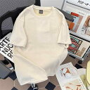 Tシャツ メンズ スエード調 アメリカンスタイル ストリート系 デザイン 刺繡 ロゴプリント ルーズフィット ビッグシルエット レトロ クルーネック ドロップショルダー 半袖 薄手 ミントグリーン アプリコット グレー