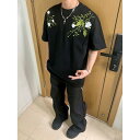 Tシャツ 男女兼用 大きいサイズ ゆったり 厚手 ビッグシルエット クルーネック 半袖 ドロップショルダー 綿混 ロゴ 刺繍 花柄 抽象柄 通気性 抗菌防臭 防シワ ホワイト グレー ブラック 春夏秋
