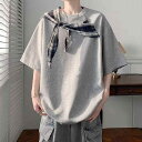 Tシャツ ユニセックス グレー リボン チェック柄 半袖 カレッジ風 デザイン ゆったり オーバーサイズ クルーネック ドロップショルダー 綿混素材 通気性 春夏 カジュアル デイリー