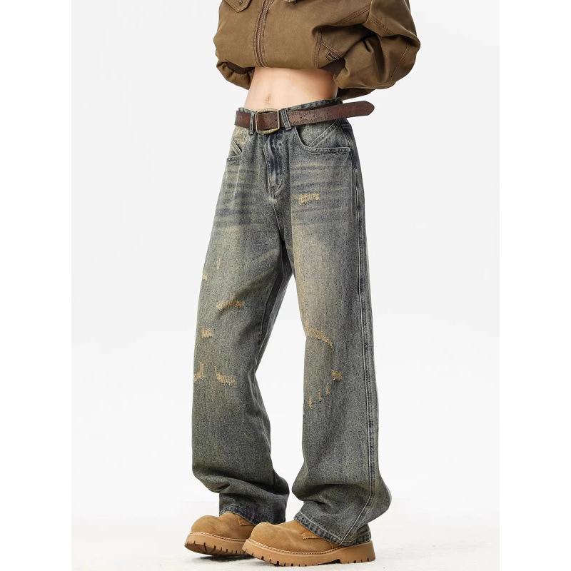 デニムパンツ メンズ アメリカン ヴィンテージ ウォッシュ ダメージ加工 ストリート ルーズストレート ワイド ジーンズ 綿 ストレッチ カジュアル 普段使い フルレングス ヴィンテージカラー