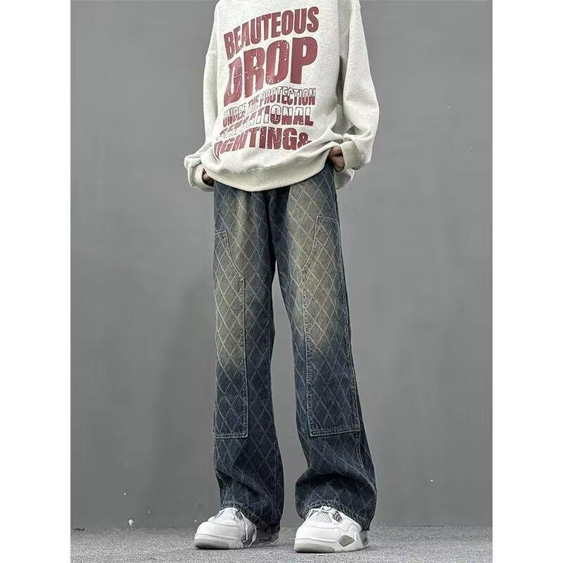 デニムパンツ メンズ アメリカンカジュアル ストリートスタイル ヴィンテージ ウォッシュ加工 ダメージ加工 トレンド ストレート 細見え コットン ストレッチ 普段使い ライトブルー フルレングス