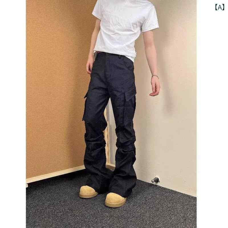 パンツ メンズ ルーズ ストレート アメカジ ワークパンツ プリーツポケット きれいめ 高級感 通勤 オフィスカジュアル ポリエステル 黒