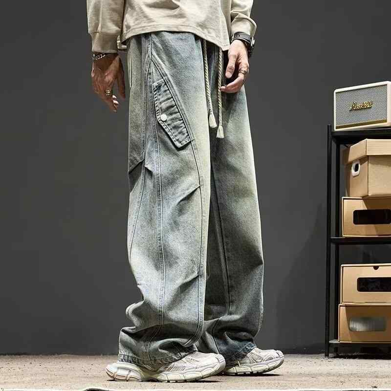デニムパンツ メンズ パラシュートパンツ アメリカンヴィンテージ ストリート カジュアル ウォッシュ加工 シワ加工 切り替えデザイン ルーズフィット ストレート コットン 綿 普段使い 秋冬 ブルー グレー