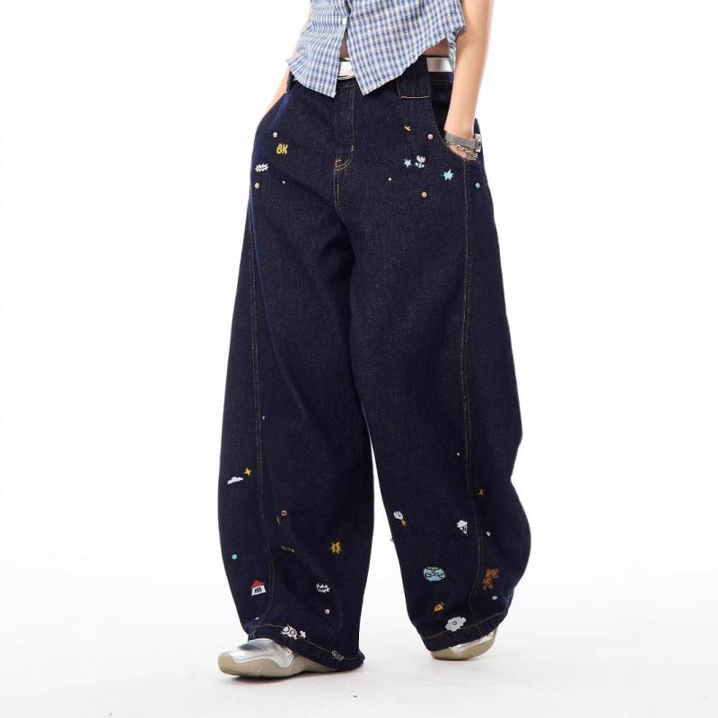 デニムパンツ メンズ アメリカンカジュアル トレンド プリント ブルー ペアルック ルーズ ストレート ..