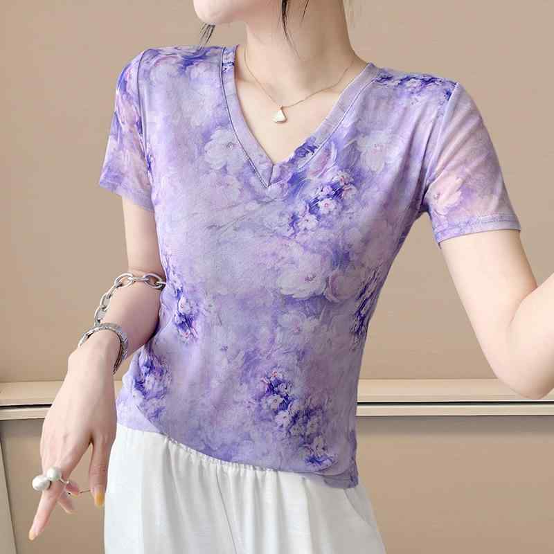 Tシャツ トップス 半袖 Vネック メッシュ素材 ボタニカルプリント 高伸縮 ストレッチ スリム 細見え 着痩せ効果 おしゃれ 上品 フェミニン かわいい リゾート 春夏(4)