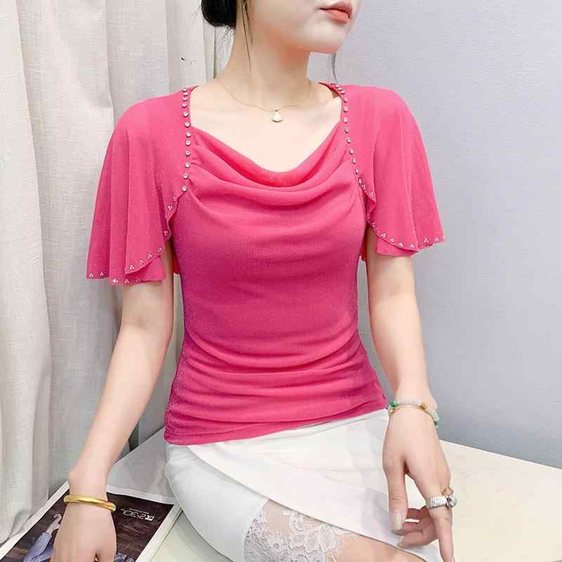 ブラウス レディース フェイクツーピース カウルネック ショール風 ラインストーン メッシュ シアー UVカット 切り替え フリル ビジュー プリンセスライン シンプル カジュアル フェミニン 春夏 ブラック ローズピンク ブルー