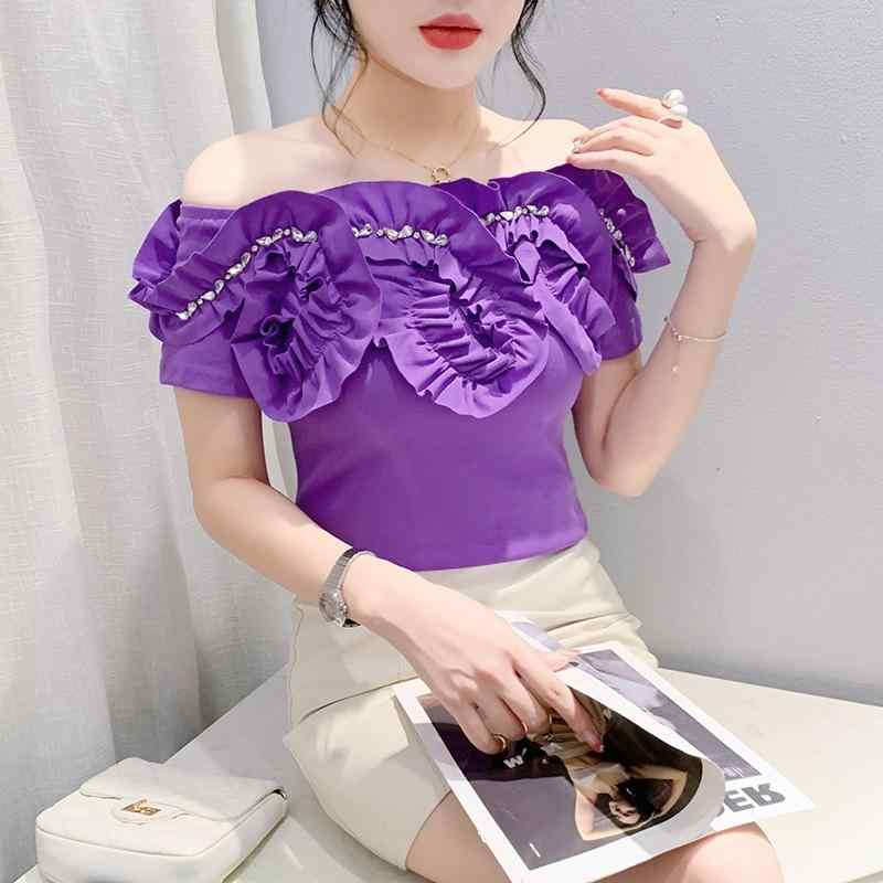 Tシャツ レディース 半袖 オフショルダー リブ素材 レース ラインストーン 切り替...
