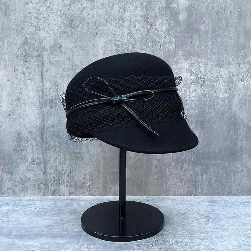 帽子 レディース 乗馬帽 ライディングハット ウール フェルト エレガント 上品 レザーバンド リボン メッシュ チュール フレンチハット 秋冬 防寒 防風 広つば レディライク クラシック カジュアル 韓国