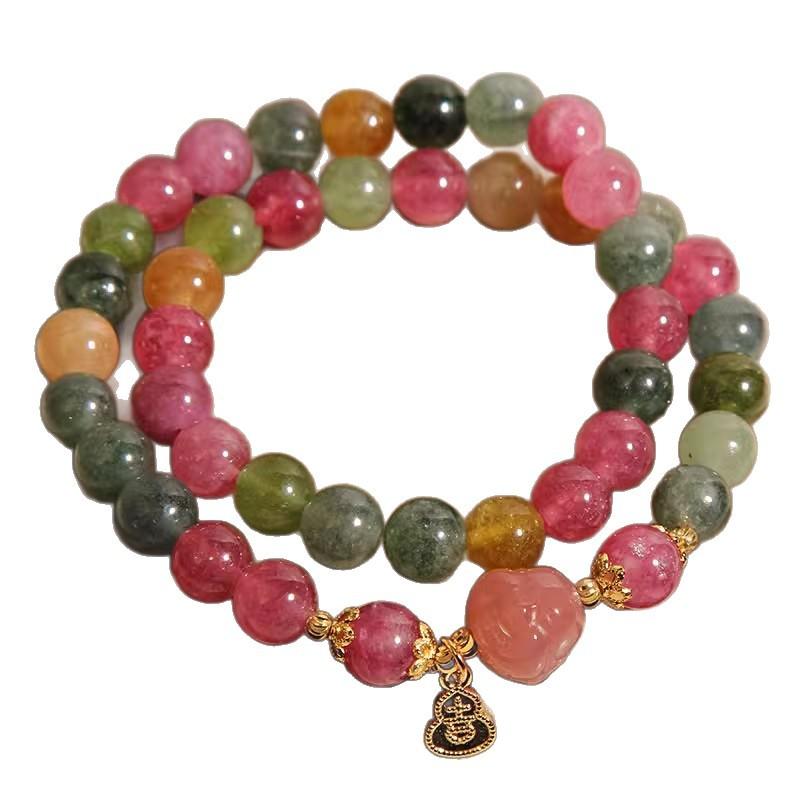 ブレスレット レディース 天然石 多彩トルマリン 二重巻き 塩源瑪瑙 仏頭モチーフ ビーズ カジュアルリ..