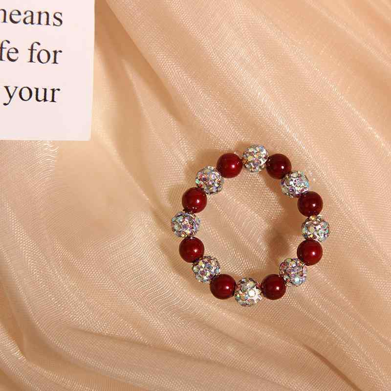 指輪 レディース ワインレッド シェルパール ジルコニアボール ビーズ 伸縮性 クリスタルストーン フェ..