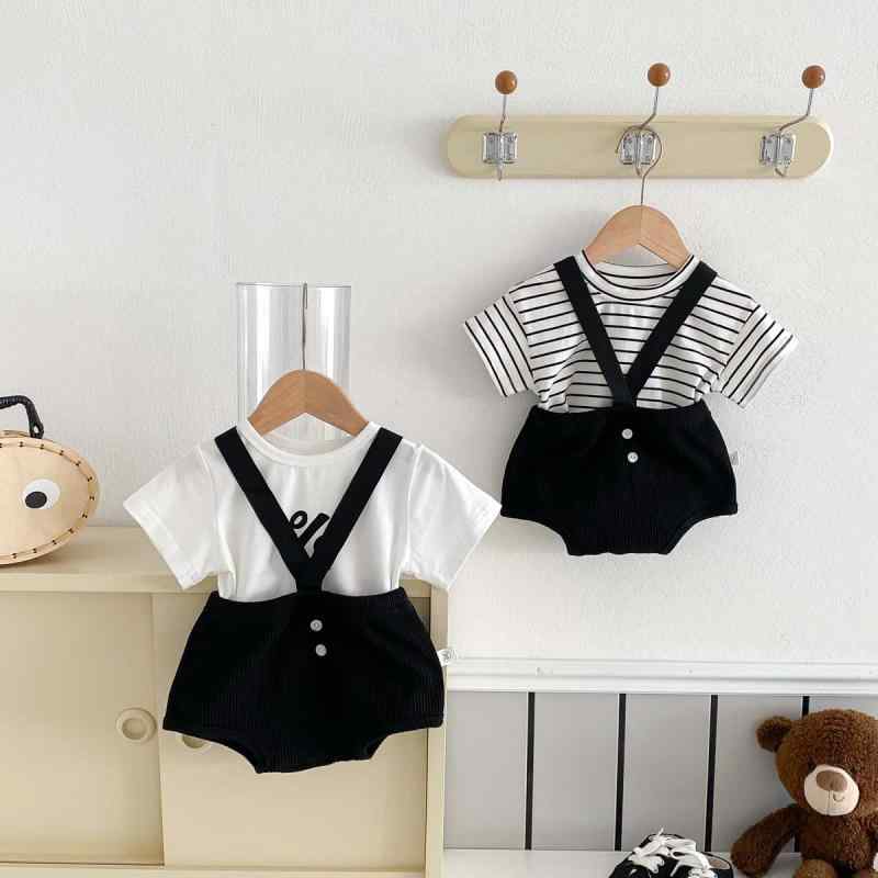 ベビー 男の子 韓国子供服 リブ編み サロペット オーバーオール ショートパンツ Tシャツ トップス キャラクター 動物柄 ストライプ セットアップ 2点セット 綿 コットン 吸湿速乾 薄手 伸縮性 夏 普段使い お出かけ かわいい