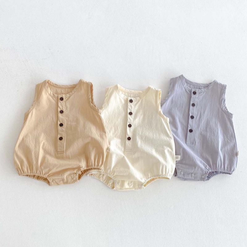 ベビー服 ロンパース 新生児 男の子 女の子 男女兼用 赤ちゃん カバーオール ボディスーツ 綿 コットン ノースリーブ 袖なし 無地 薄手 スナップボタン 前開き 夏 サマー 吸湿性 通気性
