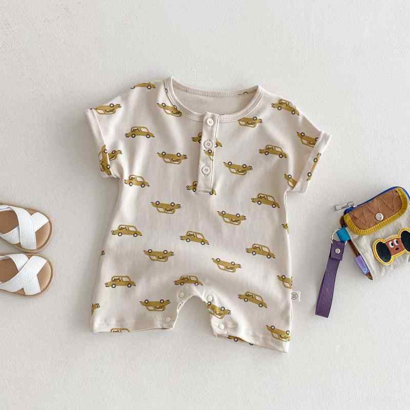 ベビー ロンパース 男の子 半袖 コットン キャラクタープリント 丸首 前開き 韓国 春夏 薄手 お出かけ 普段使い アプリコットカラー