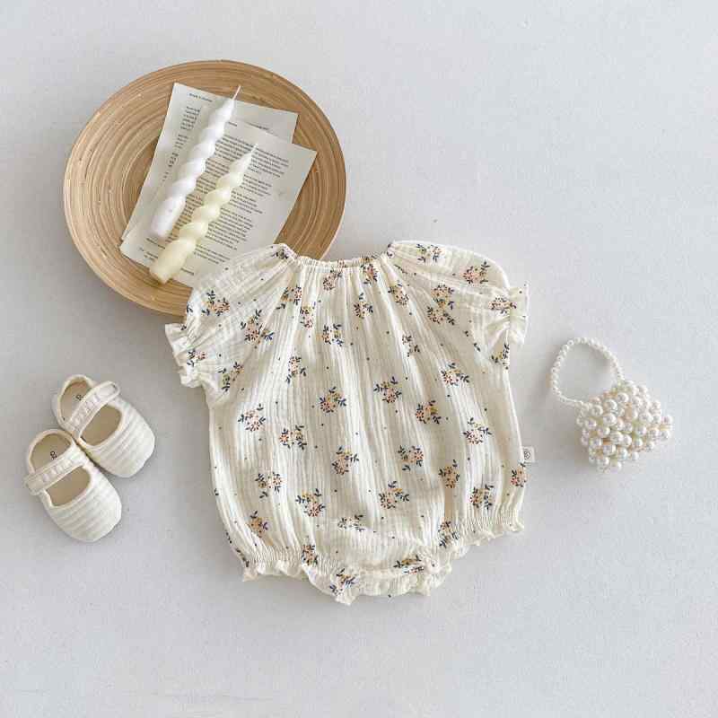 ロンパース 女の子 ベビー 新生児 韓国 ダブルガーゼ コットン クレープ生地 プリント柄 半袖 薄手 スナップボタン カバーオール 夏用 普段使い アプリコットカラー