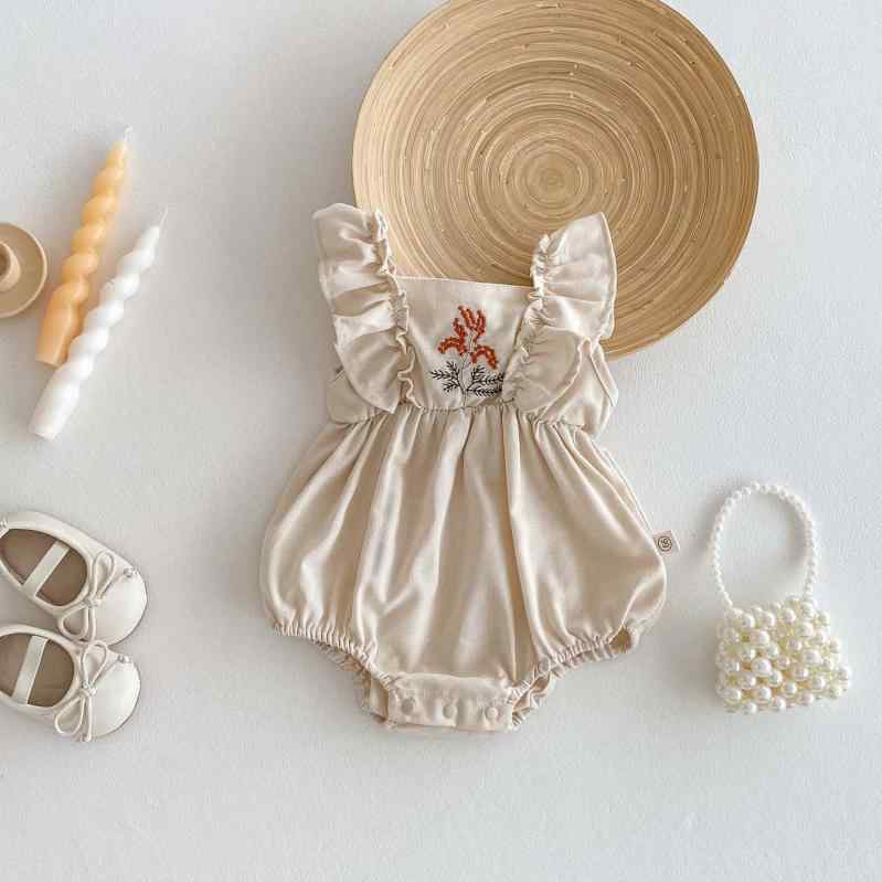ロンパース 新生児 女の子 ベビー 春夏 薄手 かわいい 刺繍 フリル ノースリーブ 綿麻 コットンリネン ..