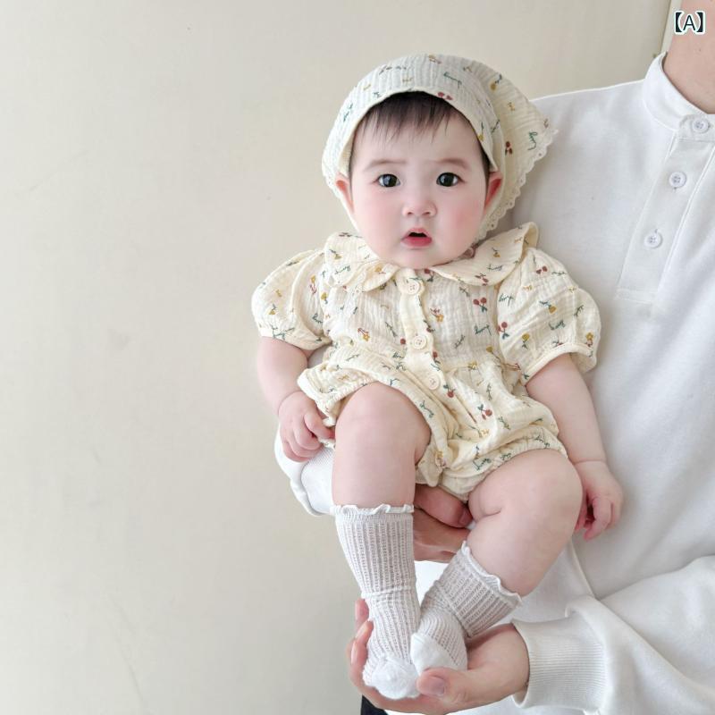 ロンパース ベビー 女の子 春夏 韓国 綿 コットン クレープ生地 襟付き ドールカラー 半袖 薄手 かわいい スイート チェリー柄 さくらんぼ柄 アプリコット ベージュ