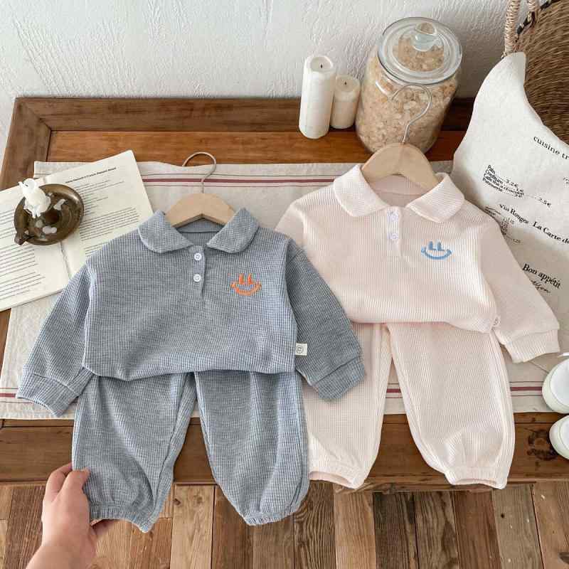 セットアップ ベビー キッズ 男女兼用 ワッフル生地 綿混 襟付き 長袖 プルオーバー トップス ロングパ..