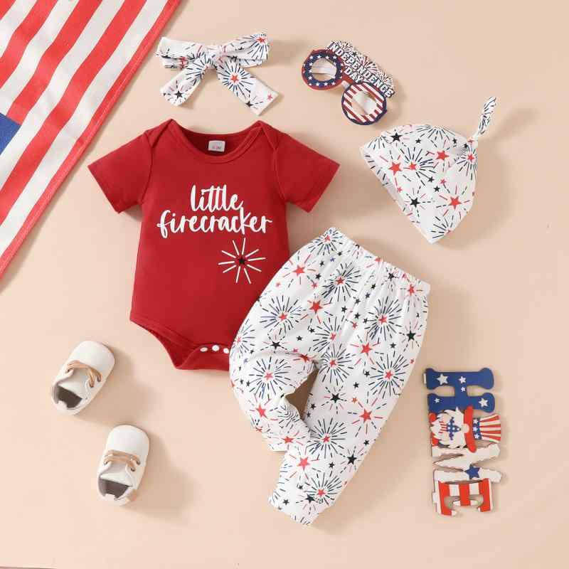 ベビー 女の子 レター柄 半袖 三角ロンパース 星柄 長ズボン 帽子 ヘアバンド 4点セット 綿混 ニット素..