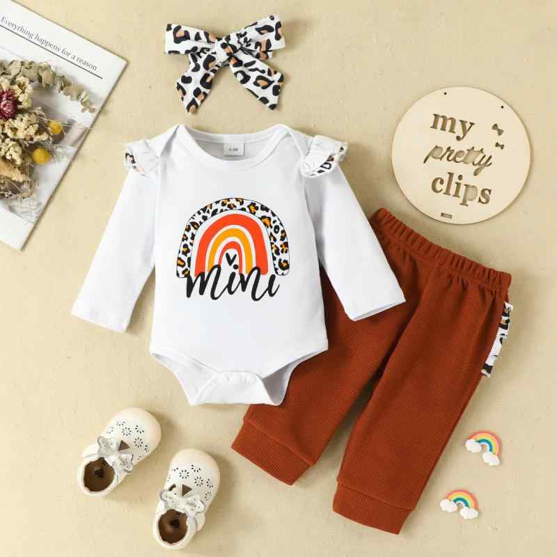 ベビー服 女の子 新生児 長袖 ロンパース レインボー ヒョウ柄 アルファベット柄 フリル ロングパンツ ..