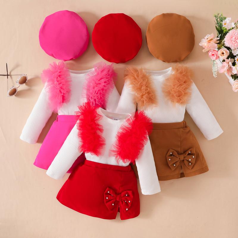 キッズ ベビー 女の子 子供 長袖 リブ ニット チュール トップス フリル ビーズ リボン キュロットスカート セットアップ 上下セット 柔らかい 無地 レッド ピンク ブラウン 春秋冬