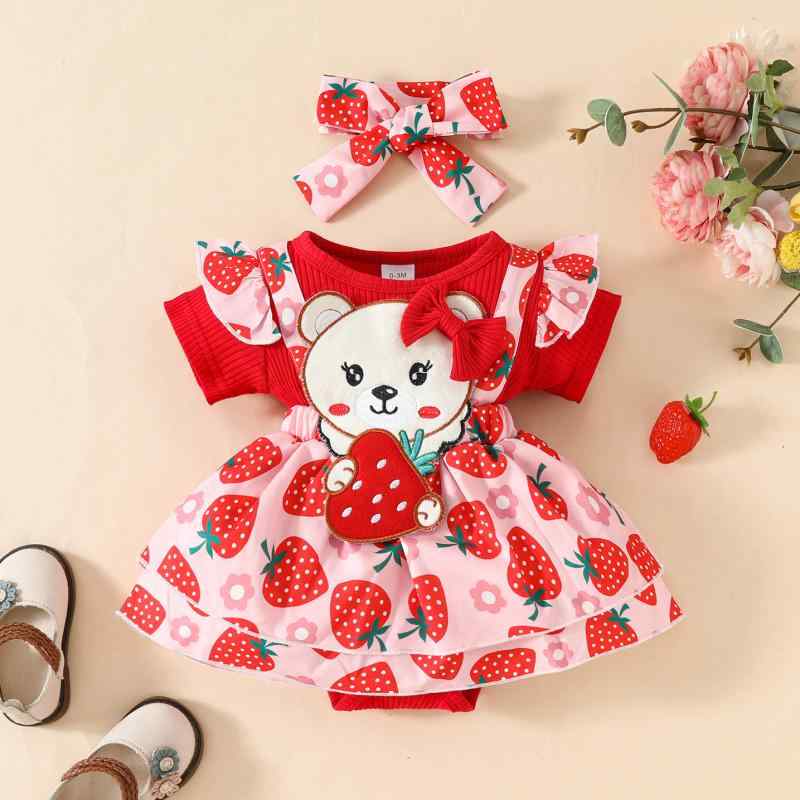 ロンパース ベビー 女の子 リブ 半袖 三角 クマ いちご柄 フェイクサスペンダー ワンピース風 ニット 赤 レッド ポリエステル 春夏 かわいい 普段使い お出かけ