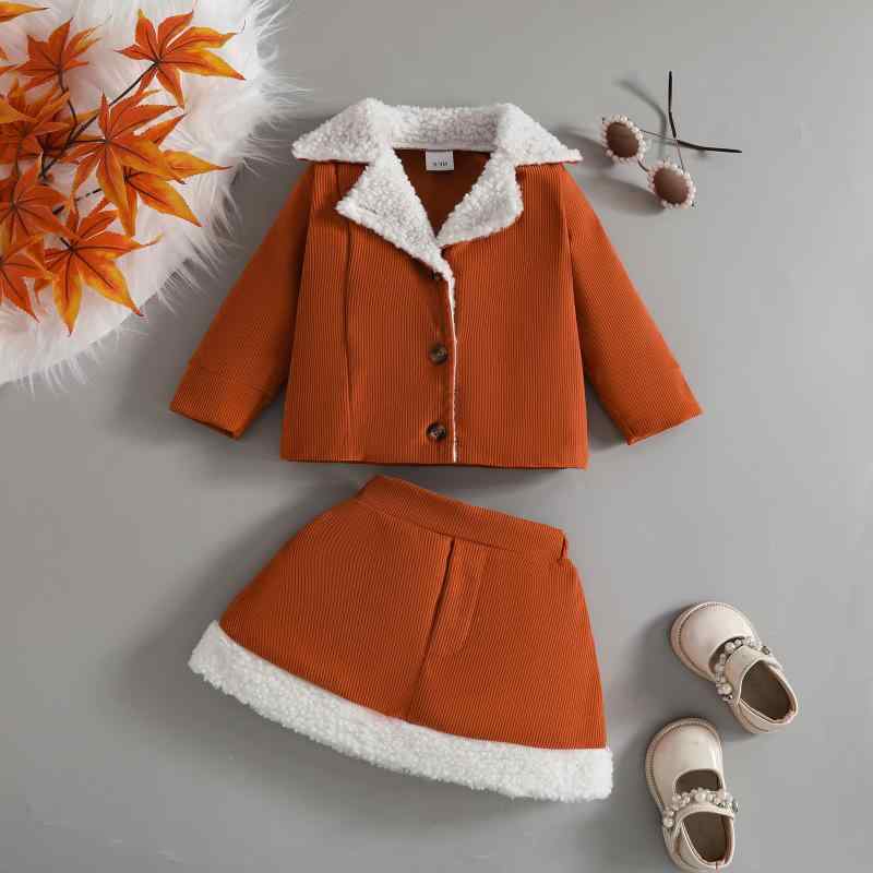 ベビー 女の子 子供服 秋冬 テーラードカラー コーデュロイ 長袖トップス スカート セットアップ おしゃれ ブリティッシュ やわらか素材 チョコレート ブラウン ツーピース