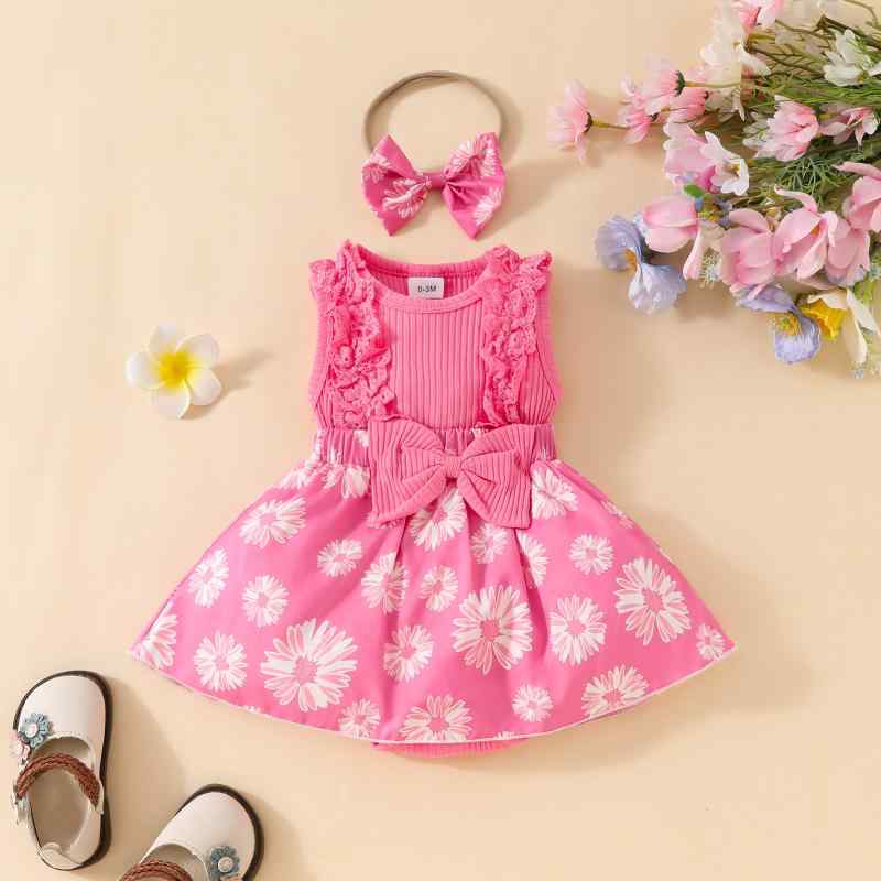 ロンパース ベビー 女の子 新生児 ノースリーブ レース 花柄 リボン 三角 ボディスーツ コットン 夏 ブライトピンク 欧米風