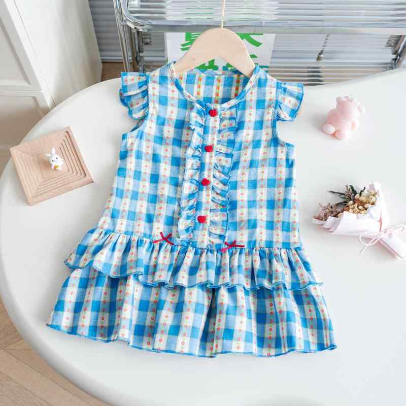 ワンピース キッズ 女の子 ベビー ノースリーブ ブルー チェック柄 綿 韓国 Aライン 春夏 かわいい お..