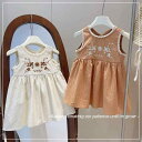 ワンピース 女の子 ベビー 綿 ジャンパースカート バックオープン 背中開き 配色刺繍 花柄 田園風 カントリー調 夏 通気性 快適 カジュアル 普段使い ゆったり Aライン
