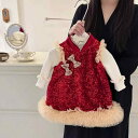 ワンピース 女の子 ベビー 幼児 キッズ チャイナドレス 中国風 裏起毛 スパンコール 厚手 ポリエステル サテン 2点セット Aライン レース 秋冬 お祝い 発表会 フォーマル お正月 ドレス