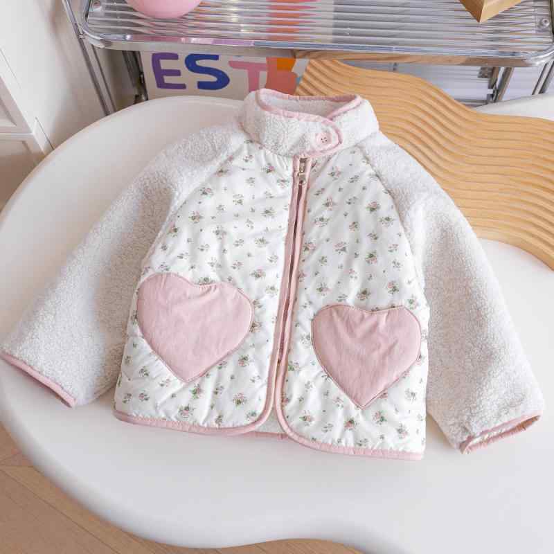 アウター キッズ 女の子 ベビー 冬 中綿コート 裏起毛 厚手 防寒 両面フリース 暖かい 小花柄 ハートポケット ラウンドネック ジップアップ ミドル丈 ポリ...