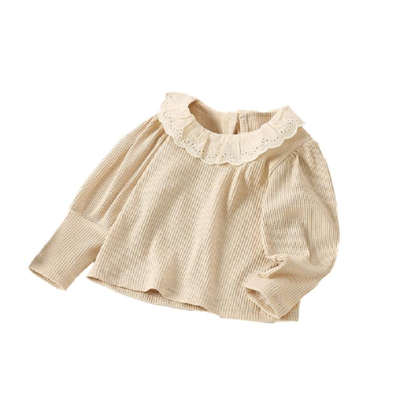 Tシャツ 女の子 キッズ 韓国 フリル レース ラウンドネック 丸首 無地 カジュアル 普段使い 長袖 秋 ラ..