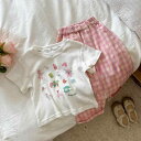 キッズ 女の子 春夏 半袖 Tシャツ キャラクター柄 かわいい チェック柄パンツ セットアップ 綿 薄手 柔らかな肌触り カジュアル 普段着