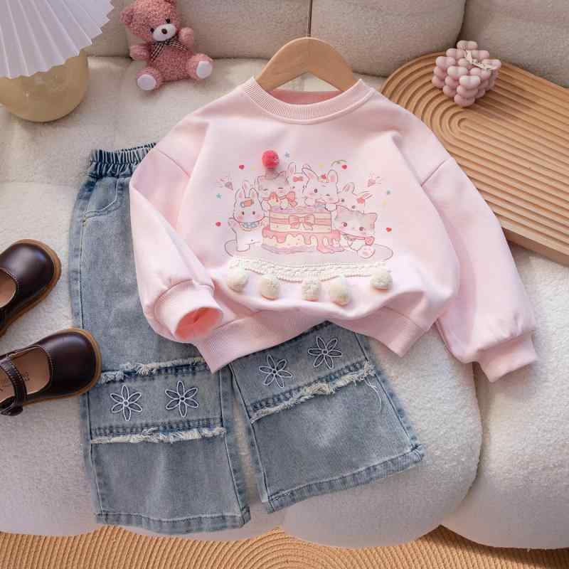 キッズ 女の子 セットアップ 秋冬 韓国 キャラクター 立体 ボール 猫 スウェット トップス 刺繍 ワイド..