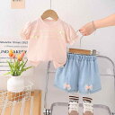 子供服 女の子 ベビー 幼児 夏物 半袖 コットン かわいい おしゃれ 韓国 トレンド フリル レース Aライン スカート セットアップ 上下組 2点セット