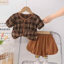 セットアップ ベビー 女の子 子供 春夏 半袖 ショートパンツ バルーンパンツ 2点セット ツーピース 綿 コットン 格子柄 チェック柄 韓国 カジュアル 普段...