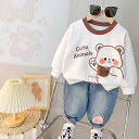 ベビー 女の子 セットアップ 韓国 カジュアル かわいい くま キャラクター 長袖 長ズボン 綿混 2点セット 春秋 お出かけ 普段使い 白 ブラウン グリーン