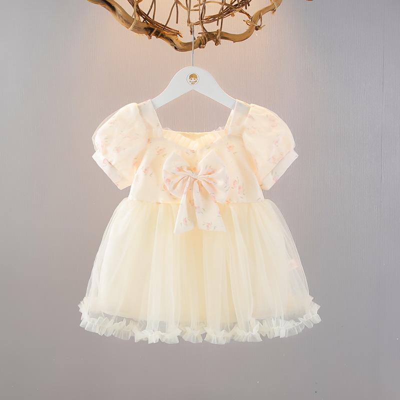 ワンピース ガールズ ベビー 春夏 半袖 プリンセスドレス チュール Aライン ふんわり 無地 おしゃれ かわいい スイート お出かけ 発表会 パーティー ポリエステル素材